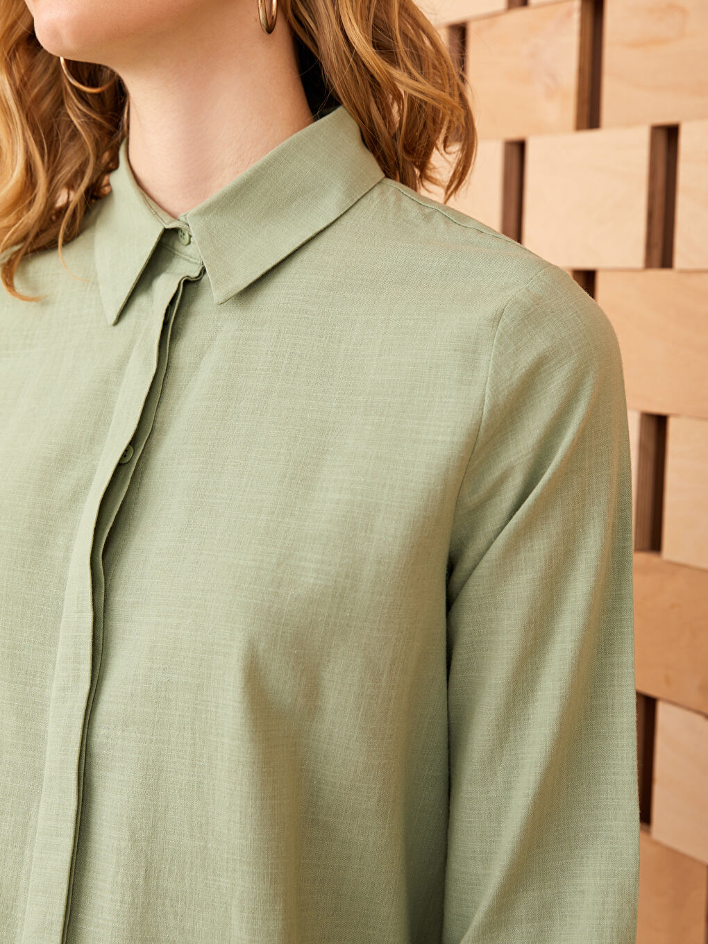 Haki Düz Uzun Kollu Kadın Gömlek Tunik-3