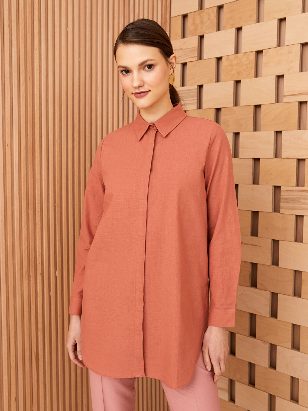 Kahverengi Düz Uzun Kollu Kadın Gömlek Tunik