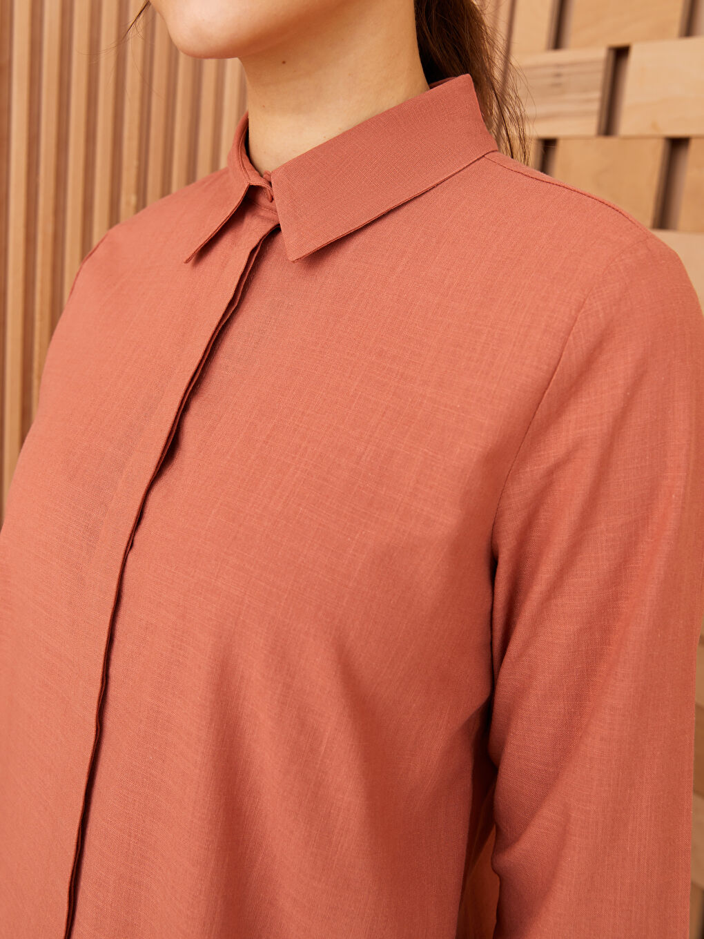 Kahverengi Düz Uzun Kollu Kadın Gömlek Tunik-3