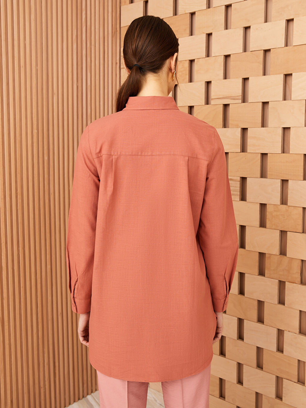 Kahverengi Düz Uzun Kollu Kadın Gömlek Tunik-4