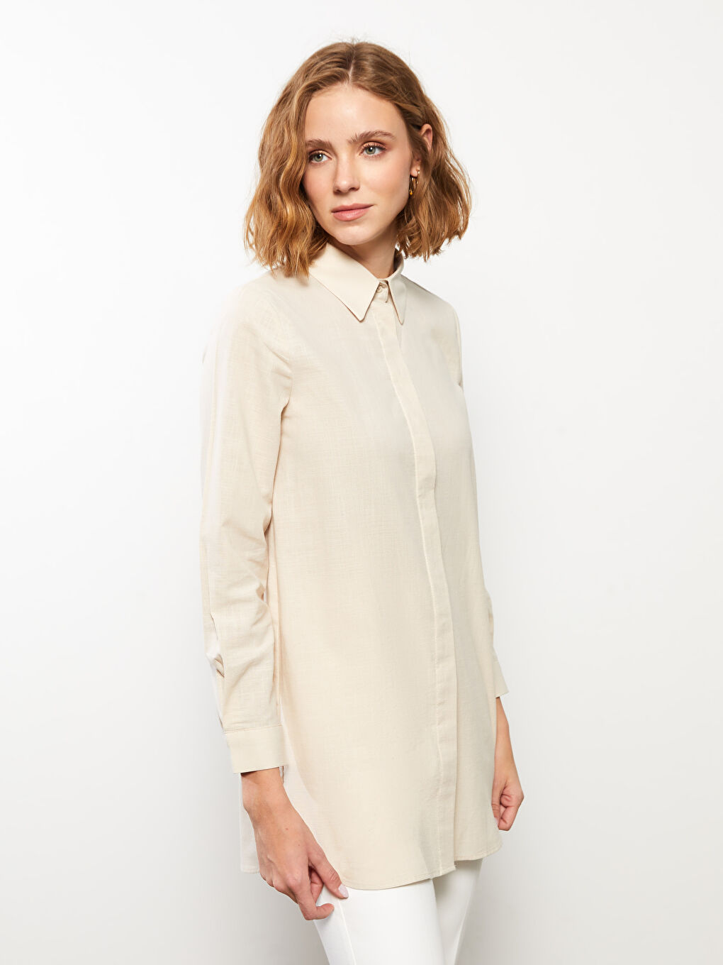 Однотонная рубашка-туника с длинным рукавом для женщин-1