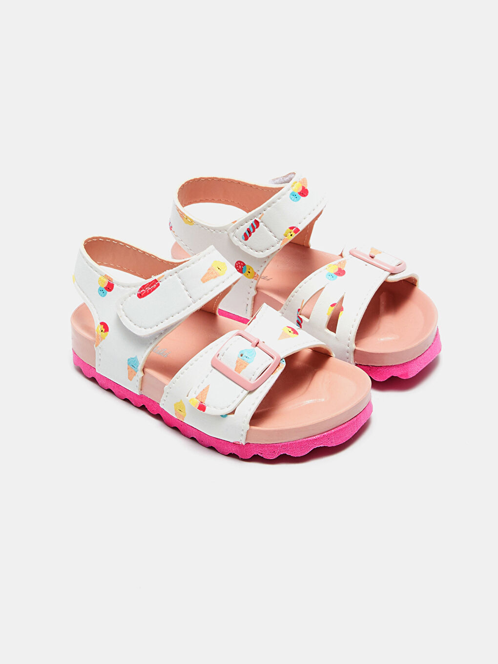 Beyaz Baskılı Çift Bantlı Cırt Cırtlı Kız Bebek Sandalet