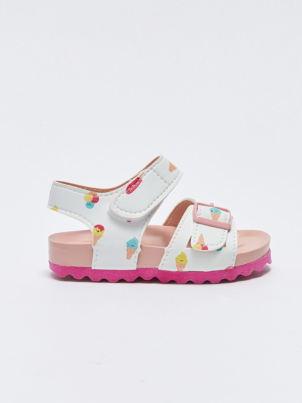 Beyaz Baskılı Çift Bantlı Cırt Cırtlı Kız Bebek Sandalet-1