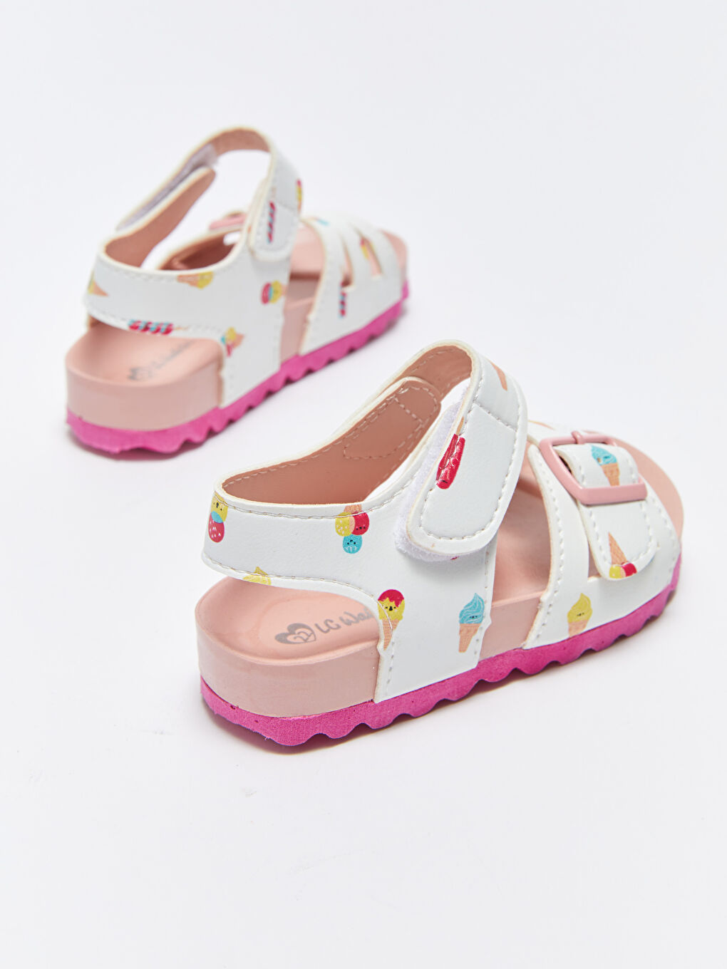 Beyaz Baskılı Çift Bantlı Cırt Cırtlı Kız Bebek Sandalet-4