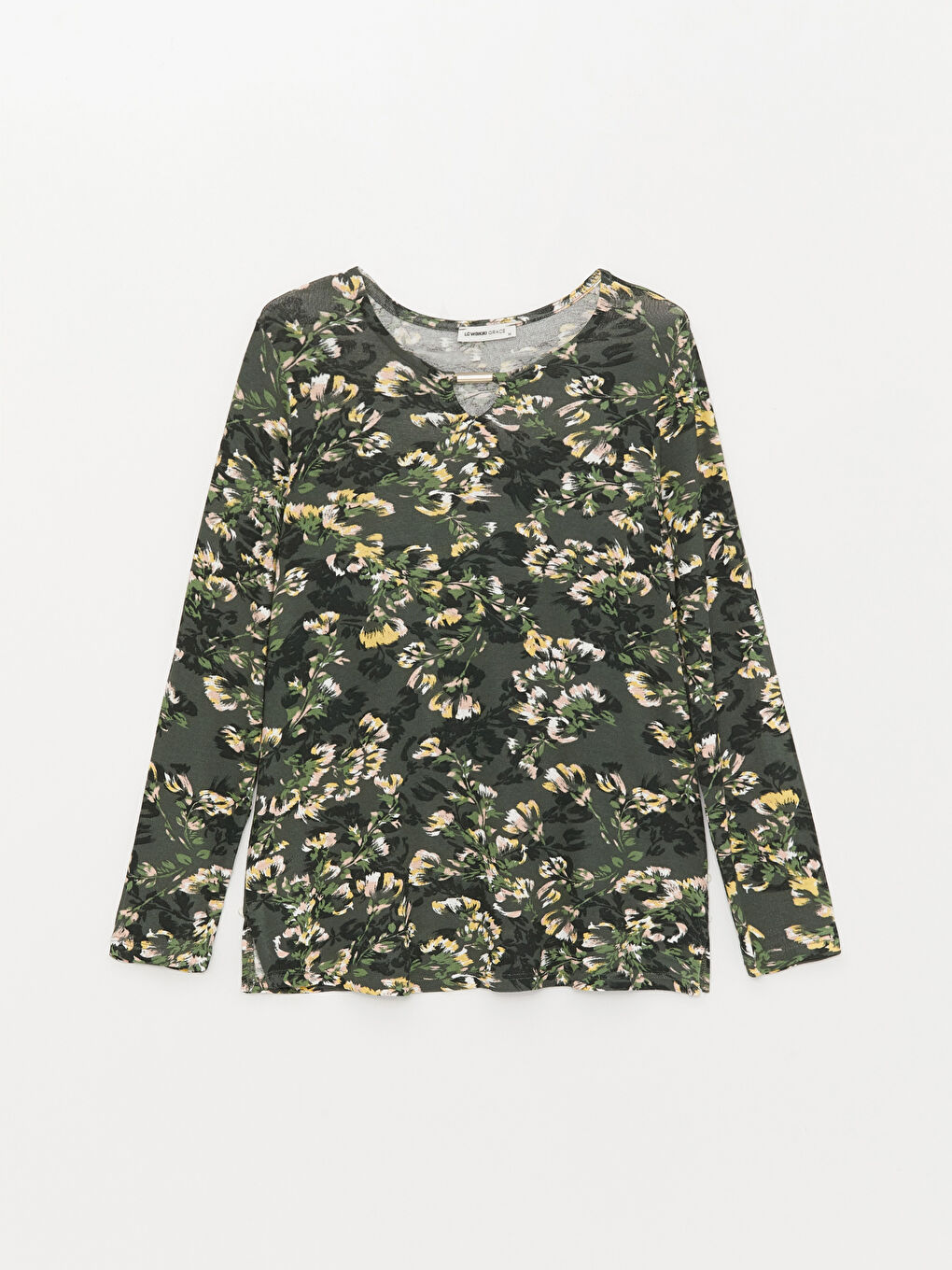 Haki Bisiklet Yaka Çiçekli Uzun Kollu Kadın Tişört-5