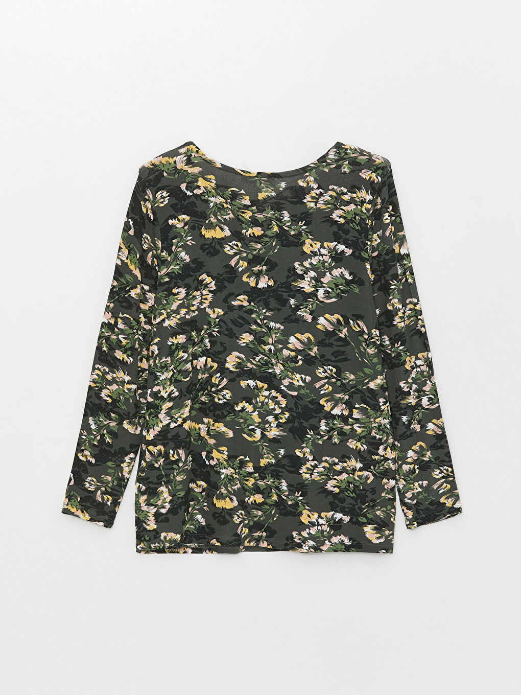 Haki Bisiklet Yaka Çiçekli Uzun Kollu Kadın Tişört-6