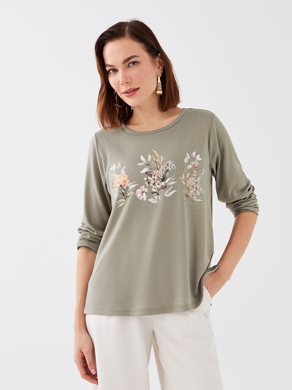 Yeşil Bisiklet Yaka Baskılı Uzun Kollu Kadın Tişört