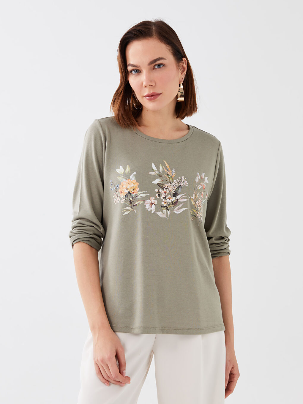 Yeşil Bisiklet Yaka Baskılı Uzun Kollu Kadın Tişört-1