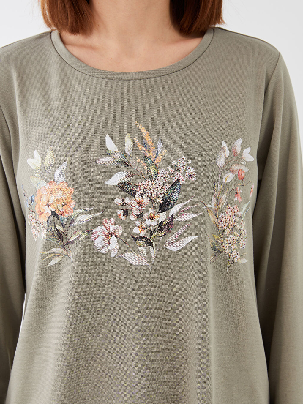 Yeşil Bisiklet Yaka Baskılı Uzun Kollu Kadın Tişört-3