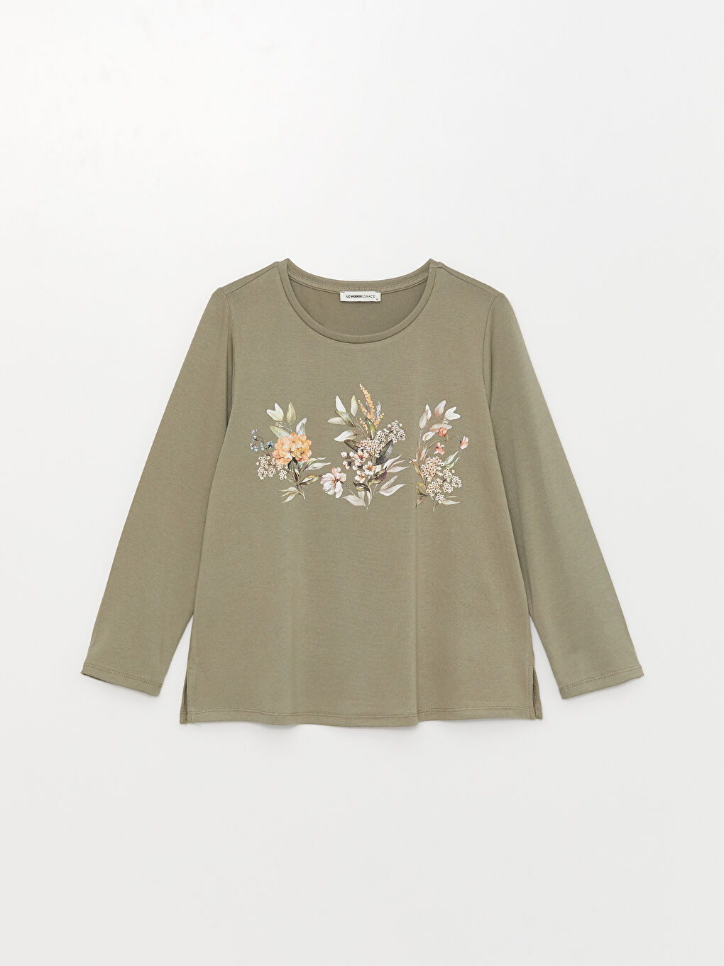 Yeşil Bisiklet Yaka Baskılı Uzun Kollu Kadın Tişört-5