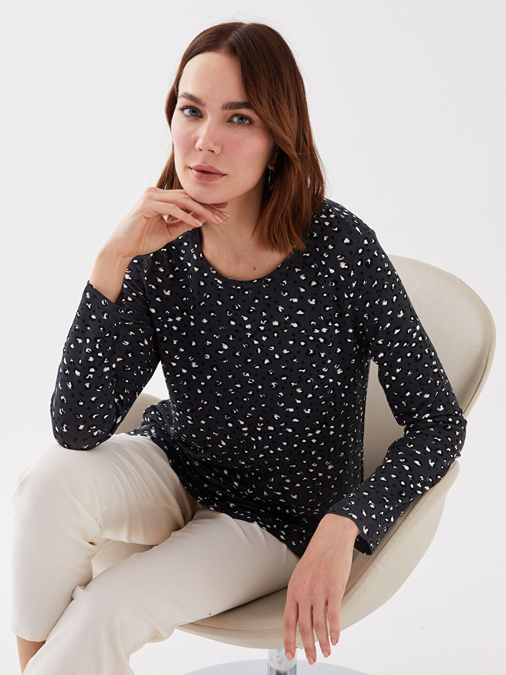 LCW Grace Crew Neck Patterned Long Sleeve Women's T-Shirt -S3DJ32Z8-LQ9