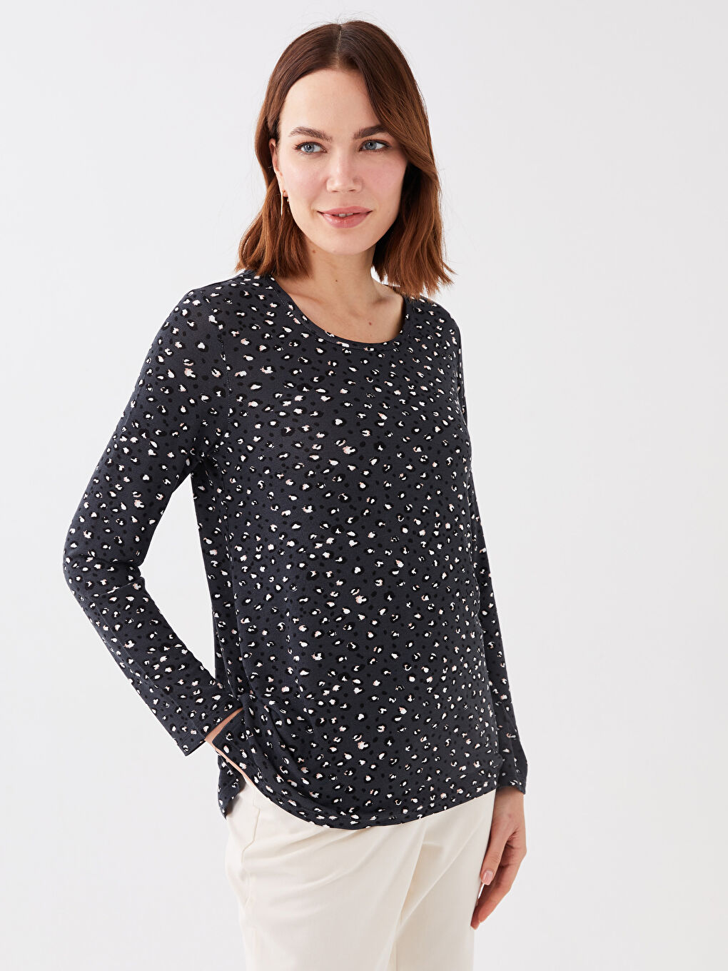 LCW Grace Crew Neck Patterned Long Sleeve Women's T-Shirt -S3DJ32Z8-LQ9