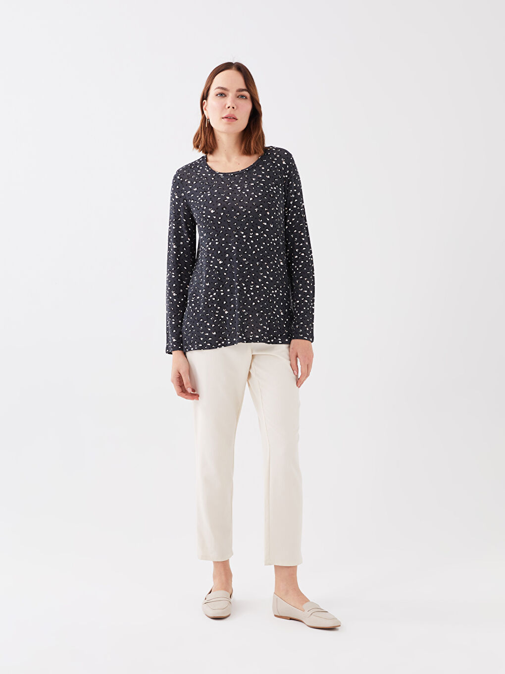 LCW Grace Crew Neck Patterned Long Sleeve Women's T-Shirt -S3DJ32Z8-LQ9