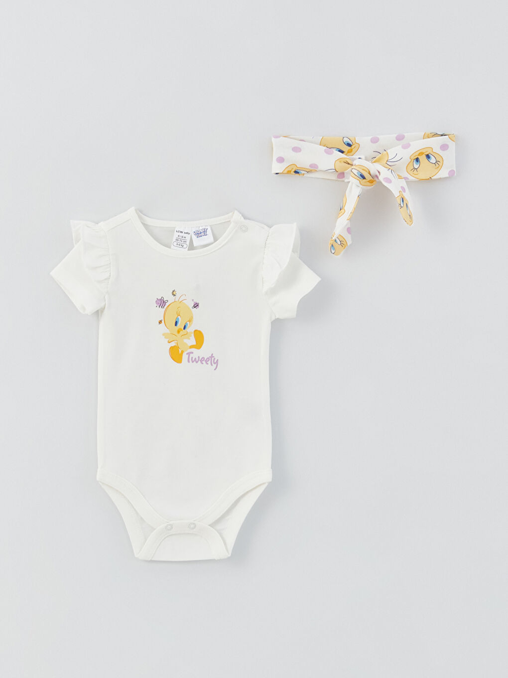 Ekru Bisiklet Yaka Tweety Baskılı Kız Bebek 3'lü Takım-1