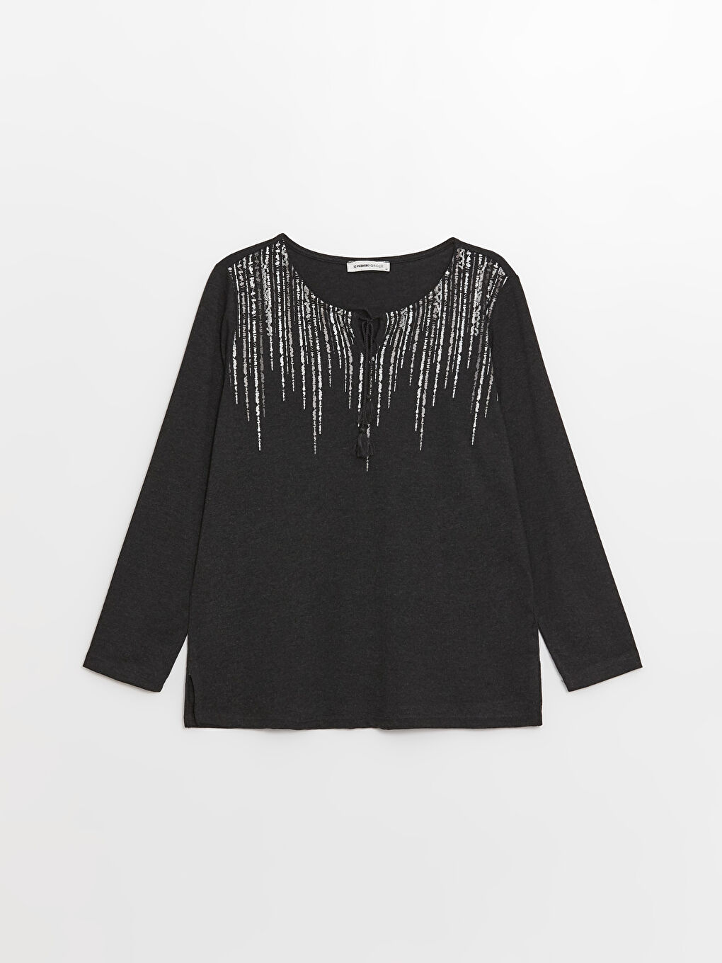 Antrasit Kadın Bağlamalı Yaka Nakışlı Uzun Kollu Bluz-4