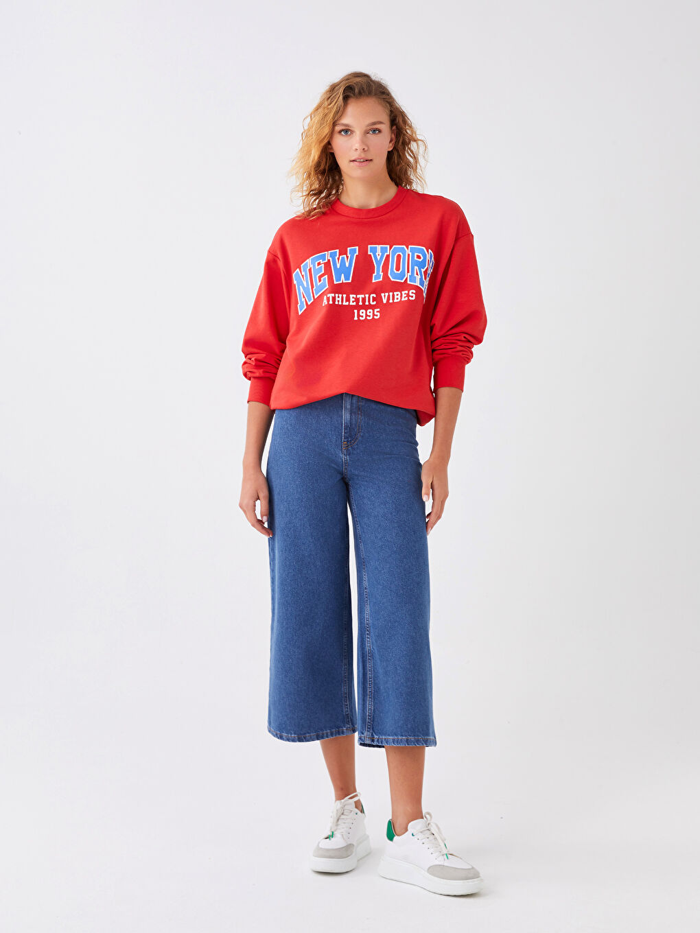 Blugi Regular din Denim cu Talie Înaltă și Croială Largă pentru Femei-1