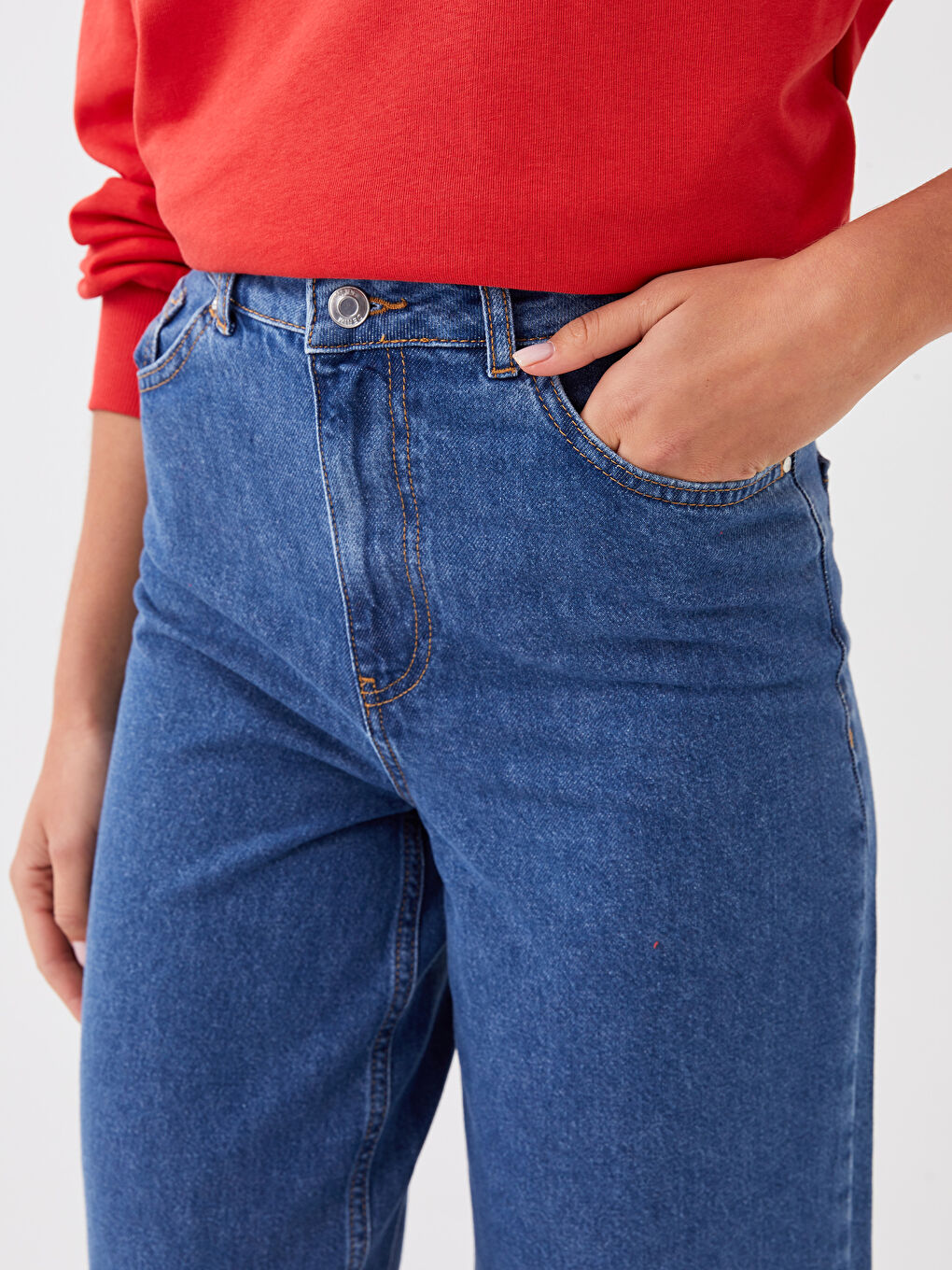 Blugi Regular din Denim cu Talie Înaltă și Croială Largă pentru Femei-2