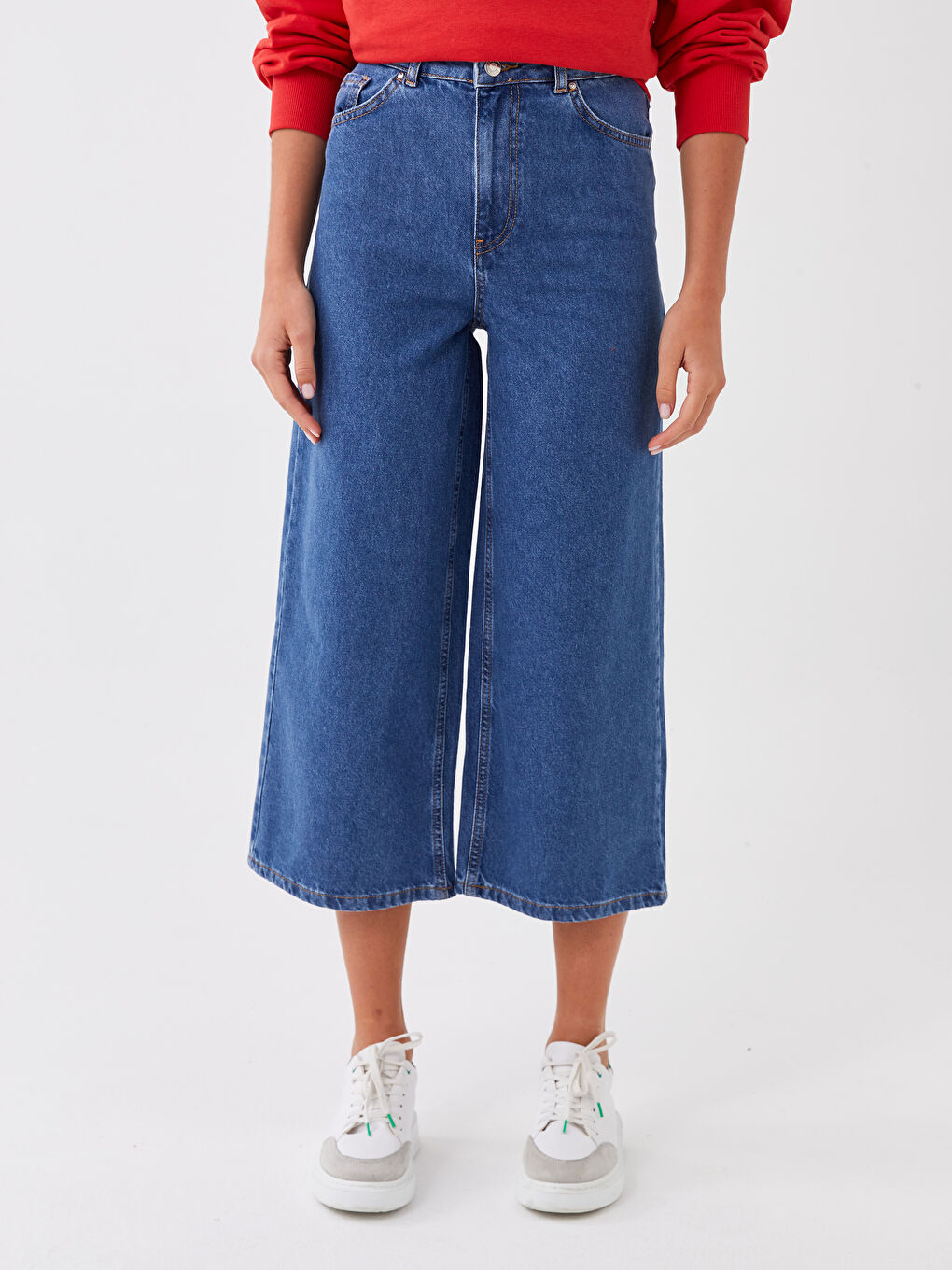 Blugi Regular din Denim cu Talie Înaltă și Croială Largă pentru Femei-3