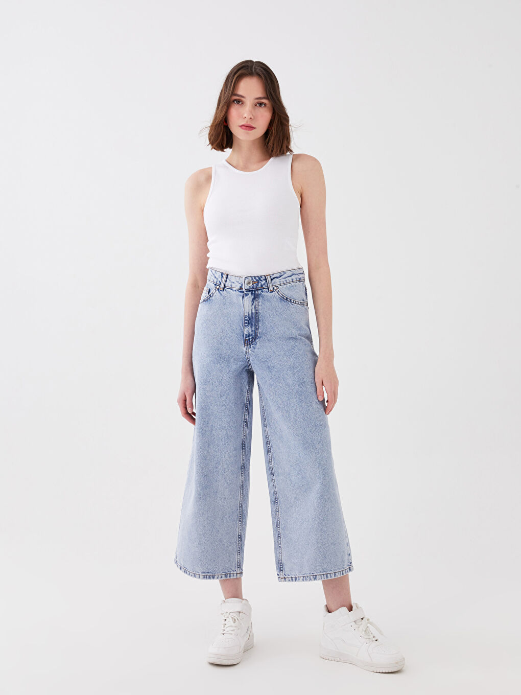 Blugi Regular din Denim cu Talie Înaltă și Croială Largă pentru Femei