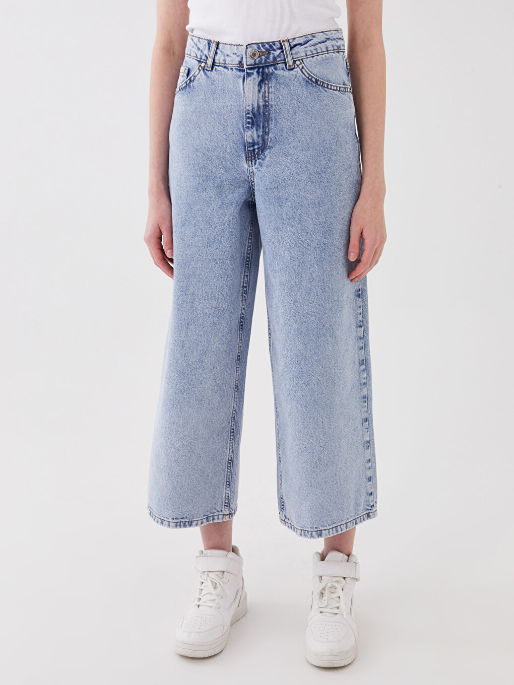 Blugi Regular din Denim cu Talie Înaltă și Croială Largă pentru Femei-2