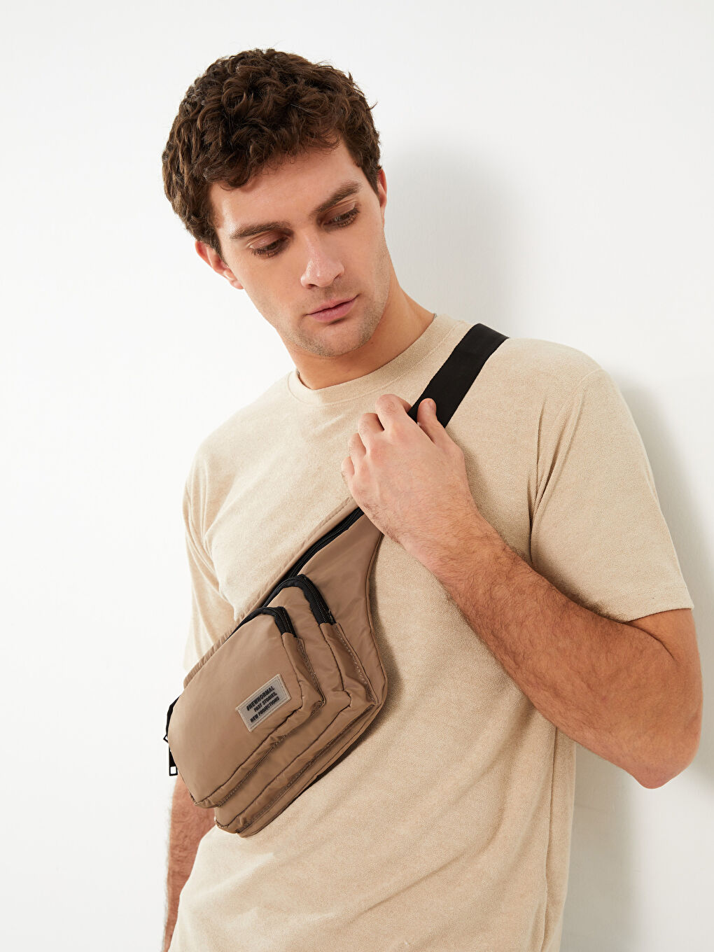 Bej Baskılı Erkek Bel Çantası