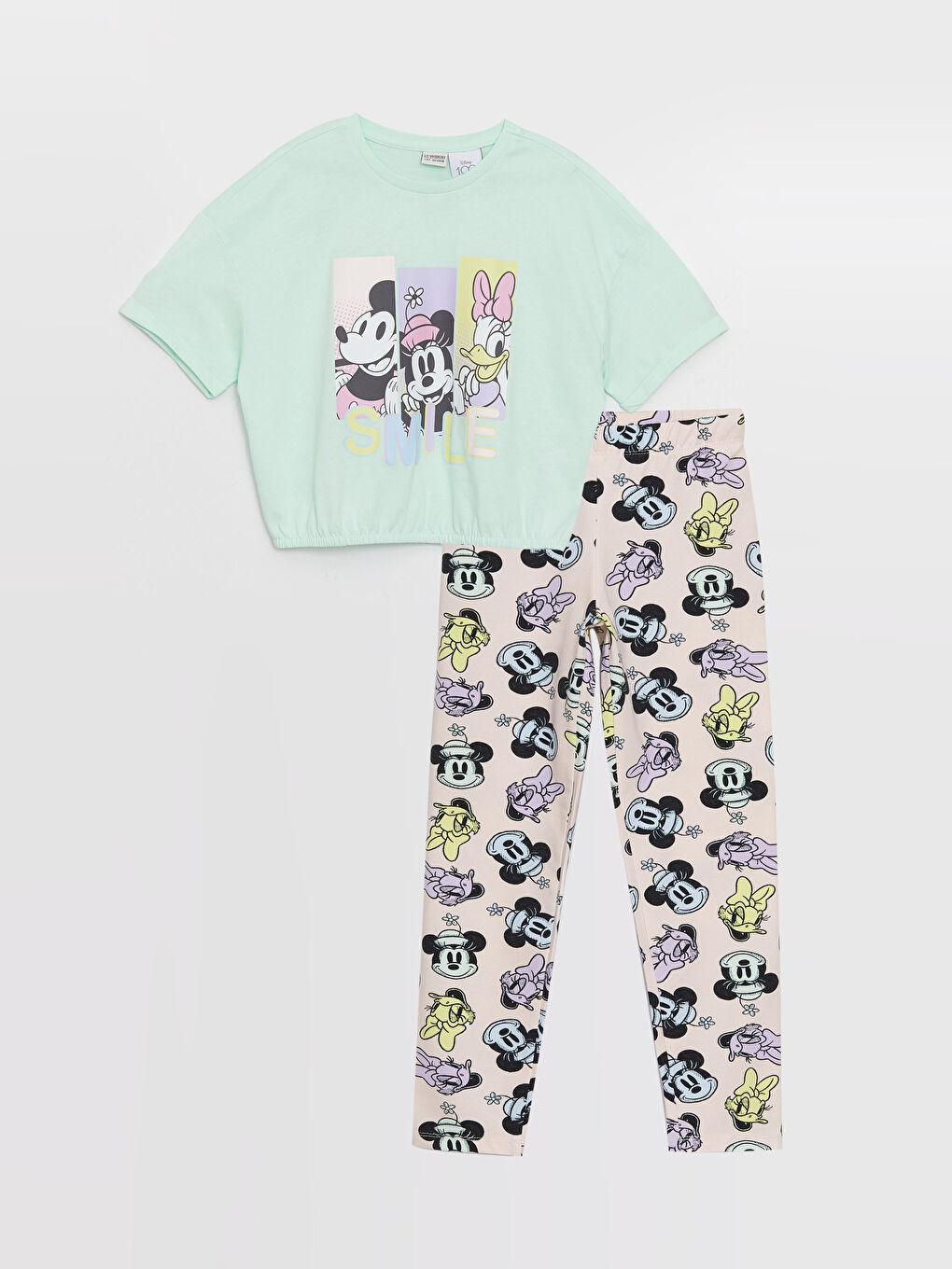 Turkuaz Bisiklet Yaka Mickey Mouse Baskılı Kısa Kollu Kız Çocuk Tişört ve Tayt