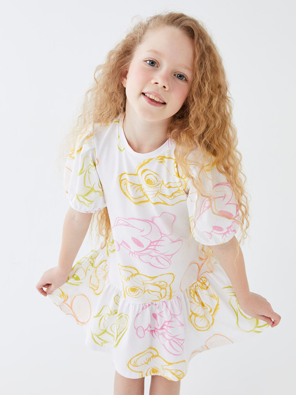 Beyaz Bisiklet Yaka Minnie Mouse ve Daisy Duck Baskılı Kısa Kollu Kız Çocuk Elbise-2