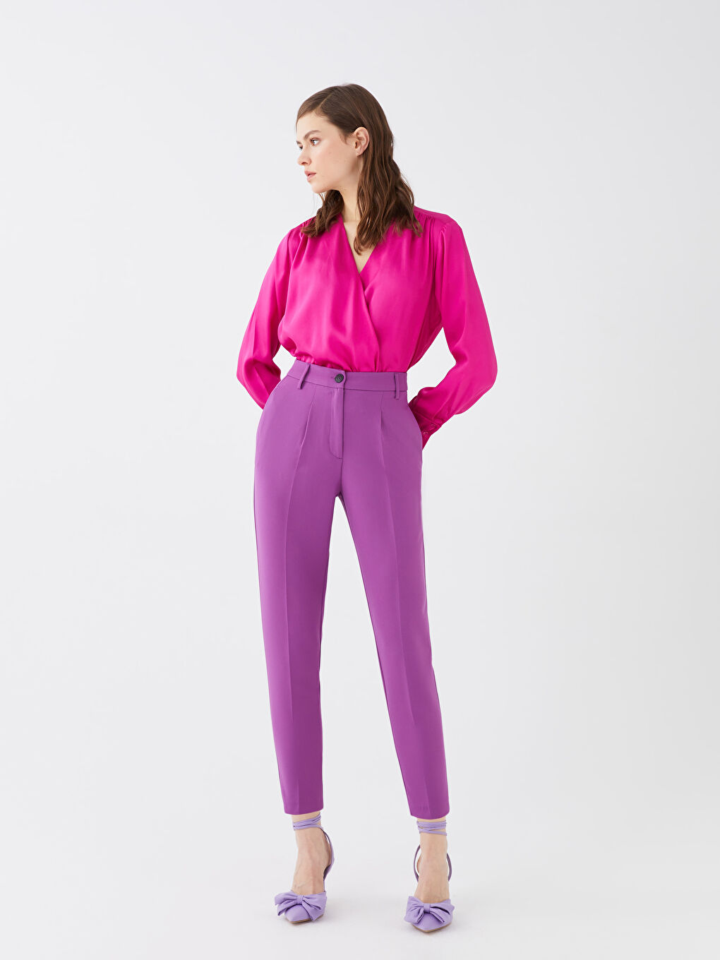 Mor Kadın Yüksek Bel Rahat Kalıp Düz Pantolon-1