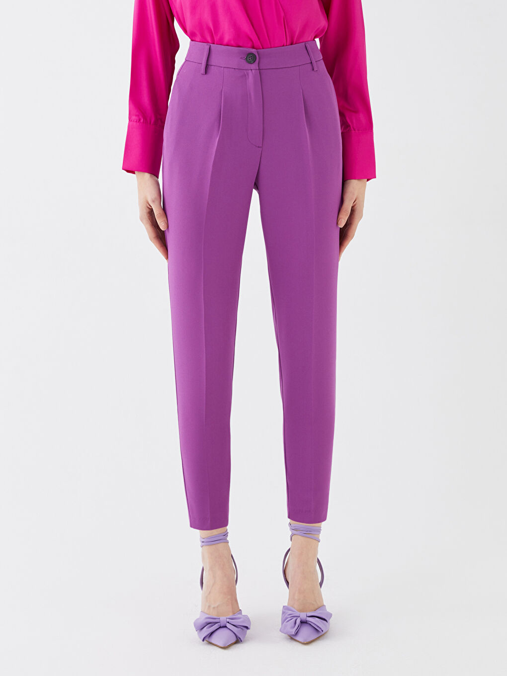 Mor Kadın Yüksek Bel Rahat Kalıp Düz Pantolon-3