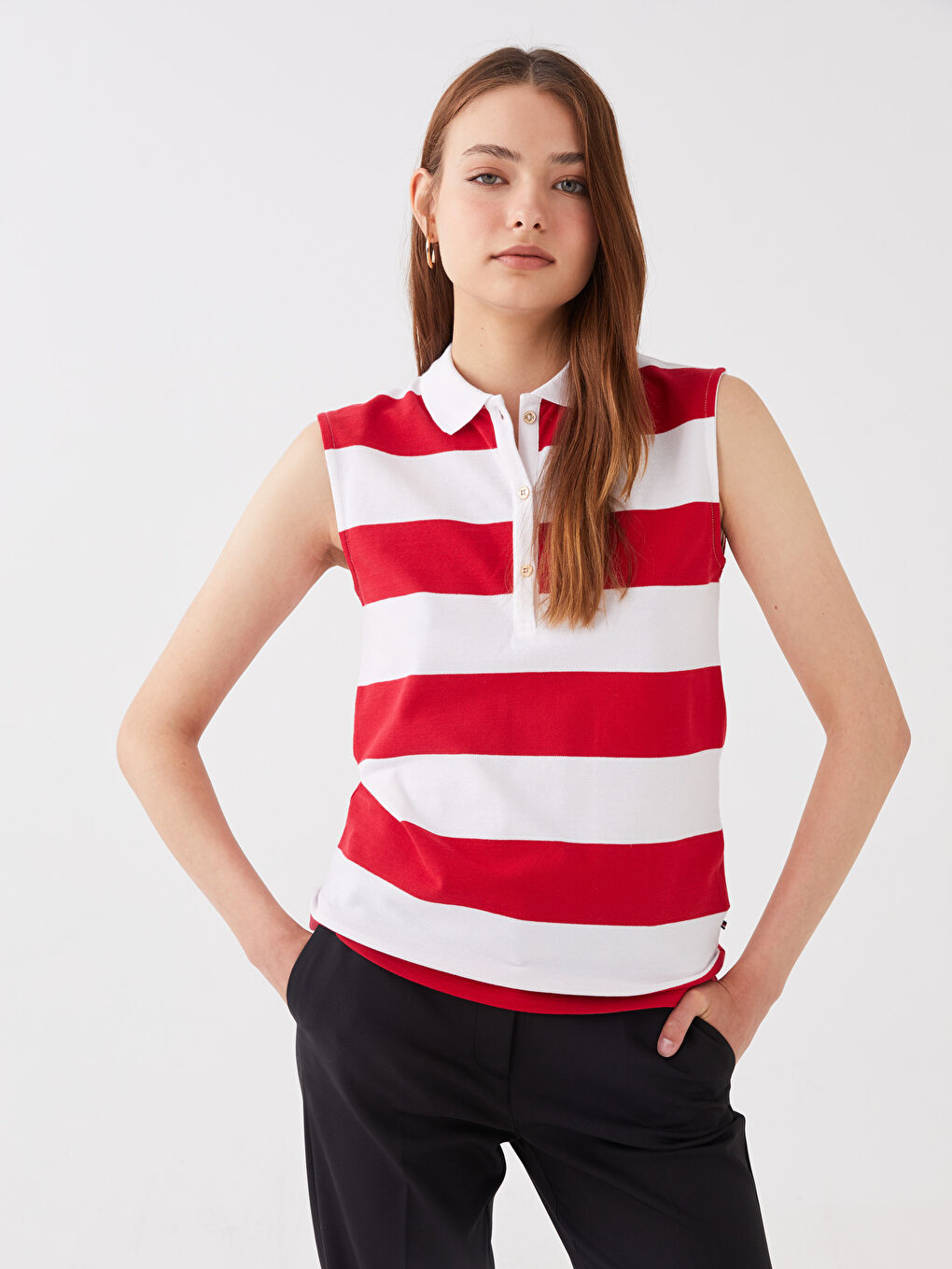 Kırmızı Polo Yaka Renk Bloklu Kadın Atlet