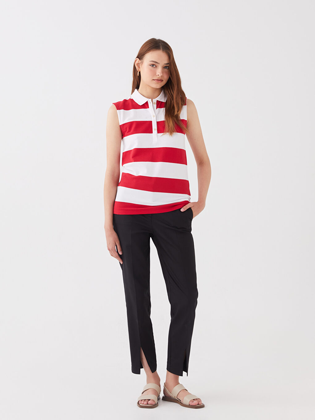 Kırmızı Polo Yaka Renk Bloklu Kadın Atlet-2