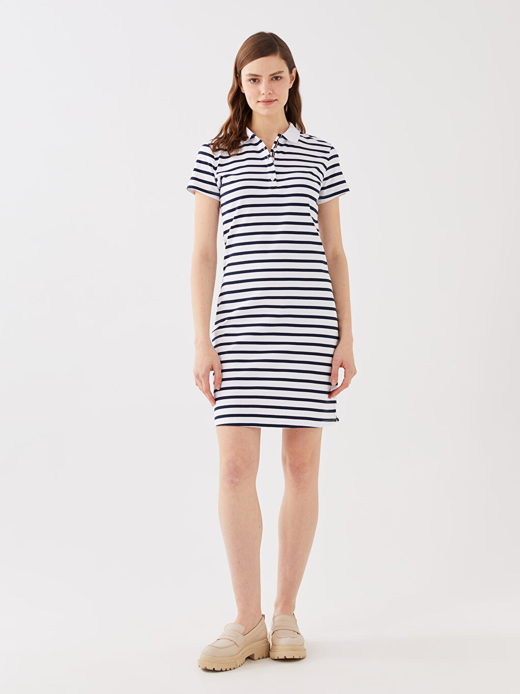 Lacivert Polo Yaka Çizgili Kısa Kollu Pike Kadın Elbise