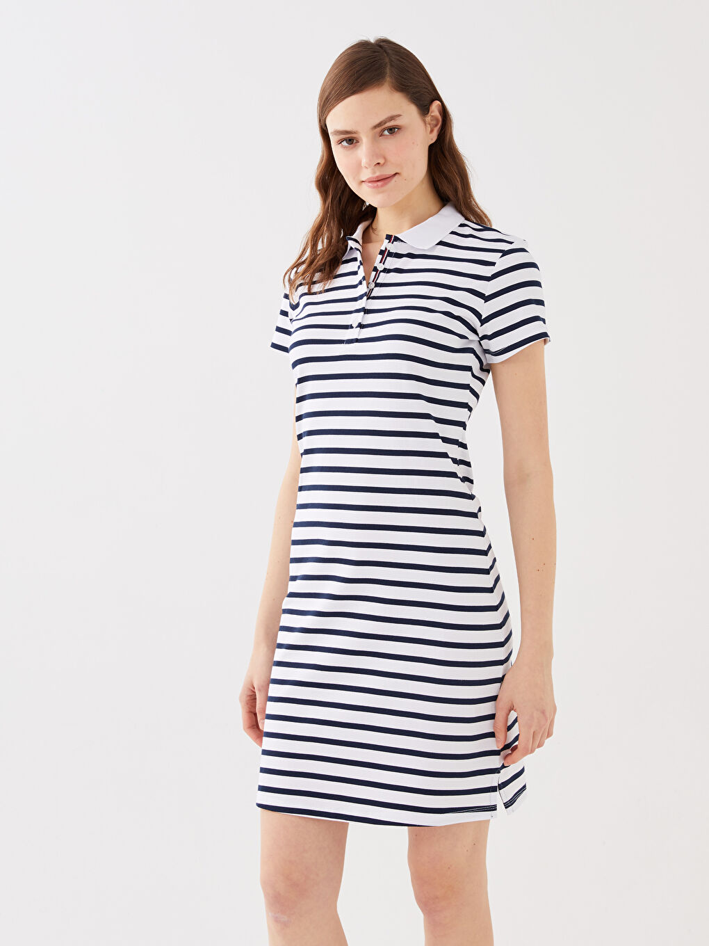 Lacivert Polo Yaka Çizgili Kısa Kollu Pike Kadın Elbise-1