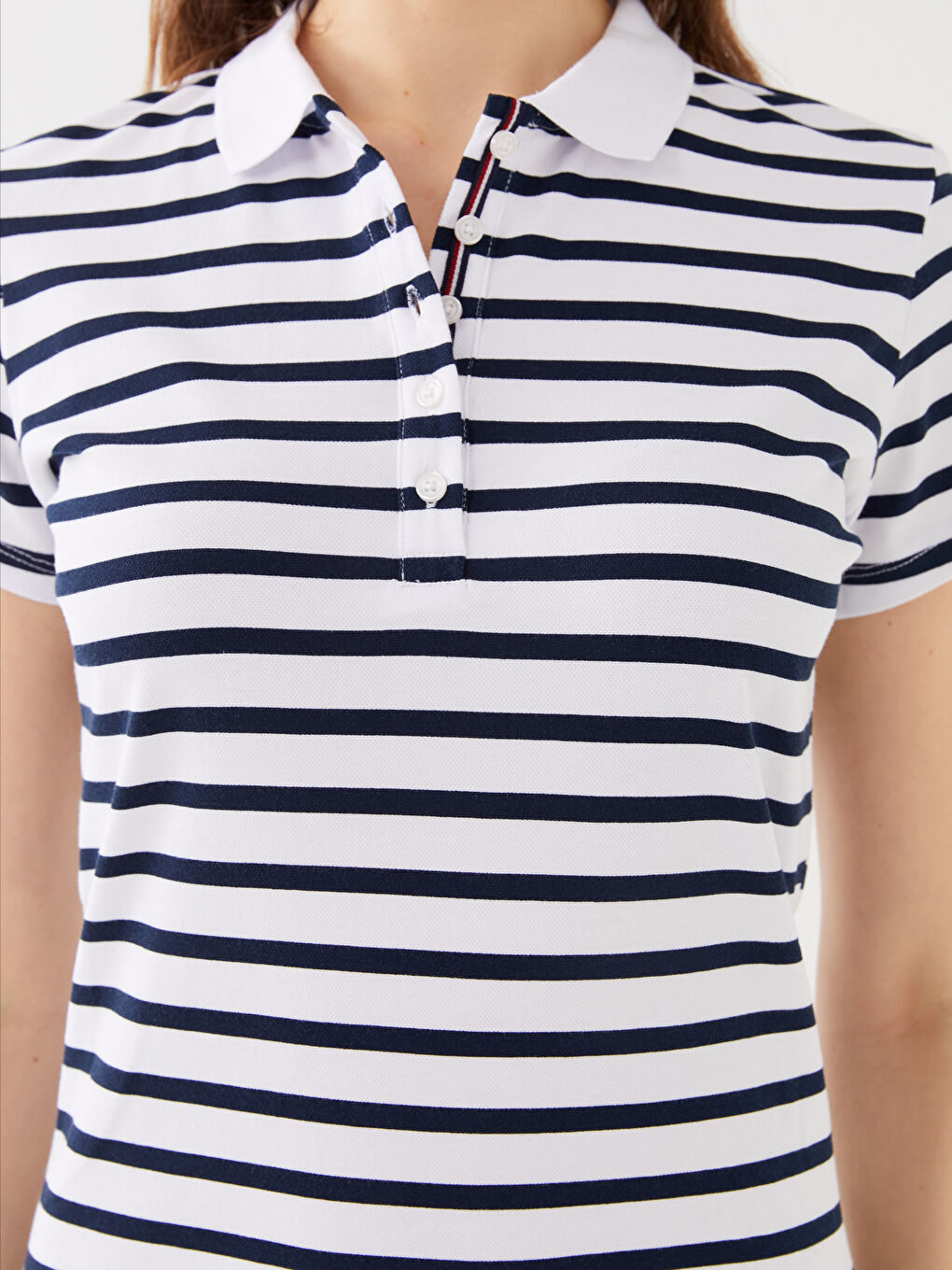 Lacivert Polo Yaka Çizgili Kısa Kollu Pike Kadın Elbise-2