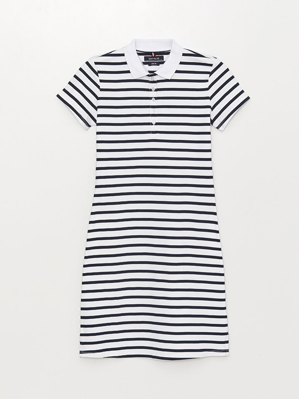 Lacivert Polo Yaka Çizgili Kısa Kollu Pike Kadın Elbise-4