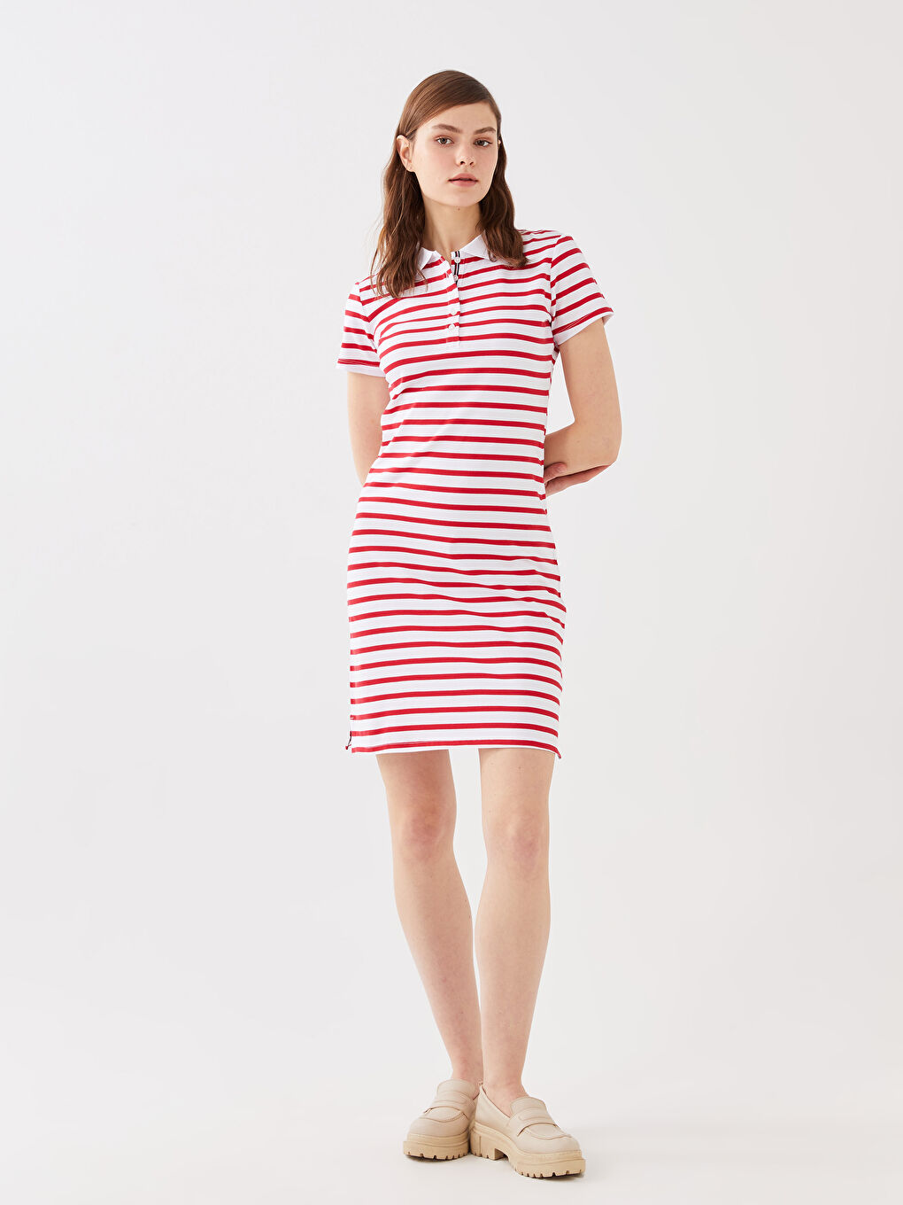 Kırmızı Polo Yaka Çizgili Kısa Kollu Pike Kadın Elbise
