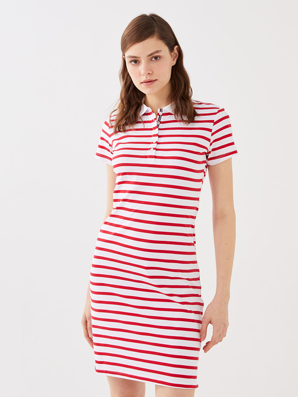 Kırmızı Polo Yaka Çizgili Kısa Kollu Pike Kadın Elbise-1