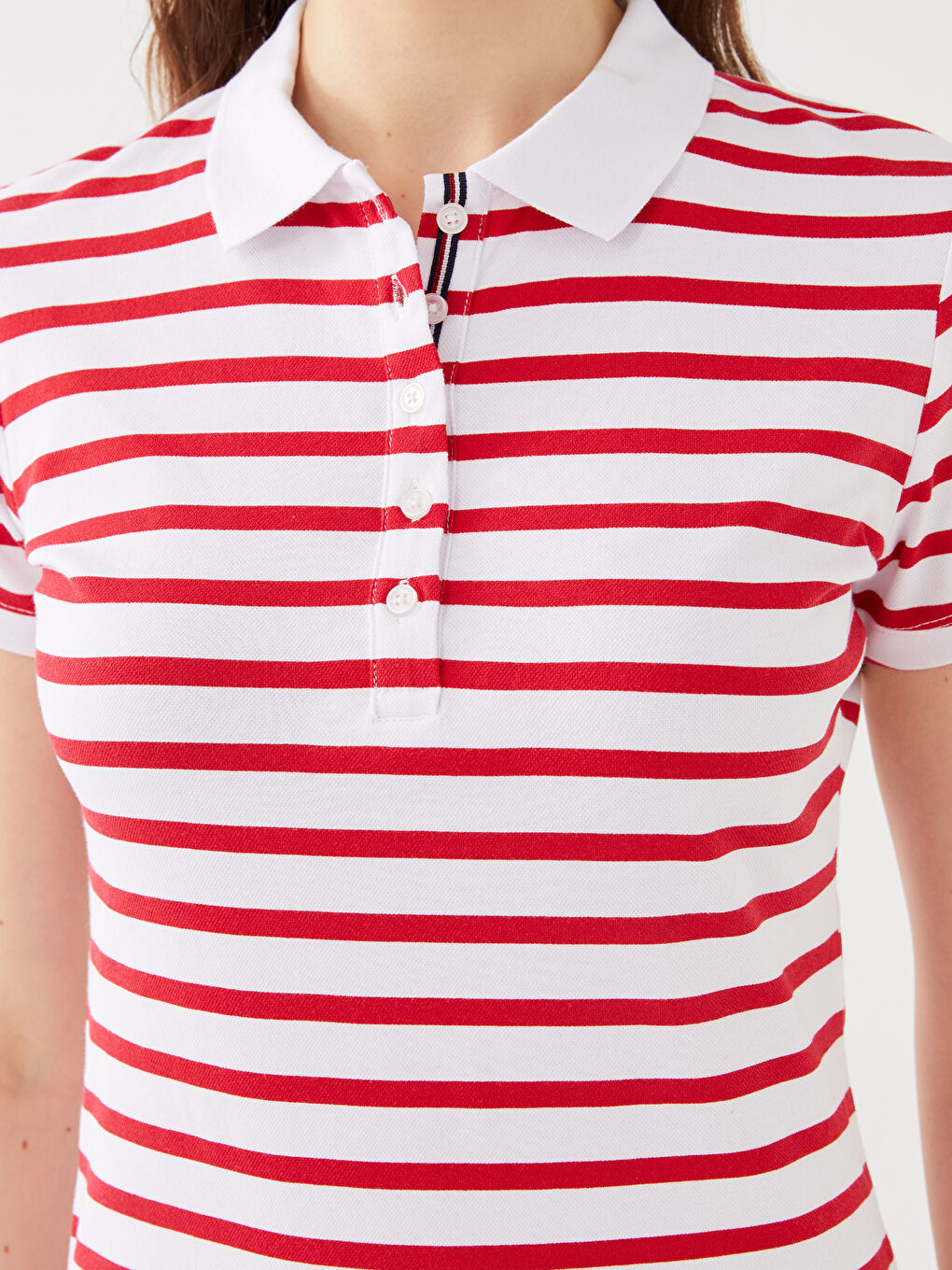 Kırmızı Polo Yaka Çizgili Kısa Kollu Pike Kadın Elbise-2