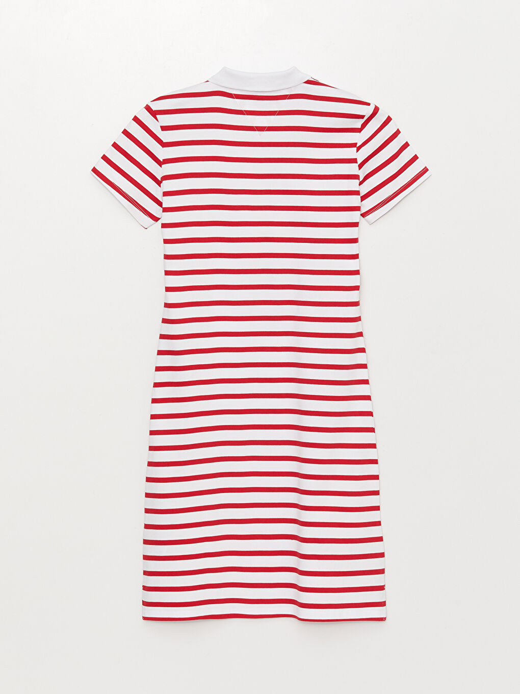 Kırmızı Polo Yaka Çizgili Kısa Kollu Pike Kadın Elbise-5