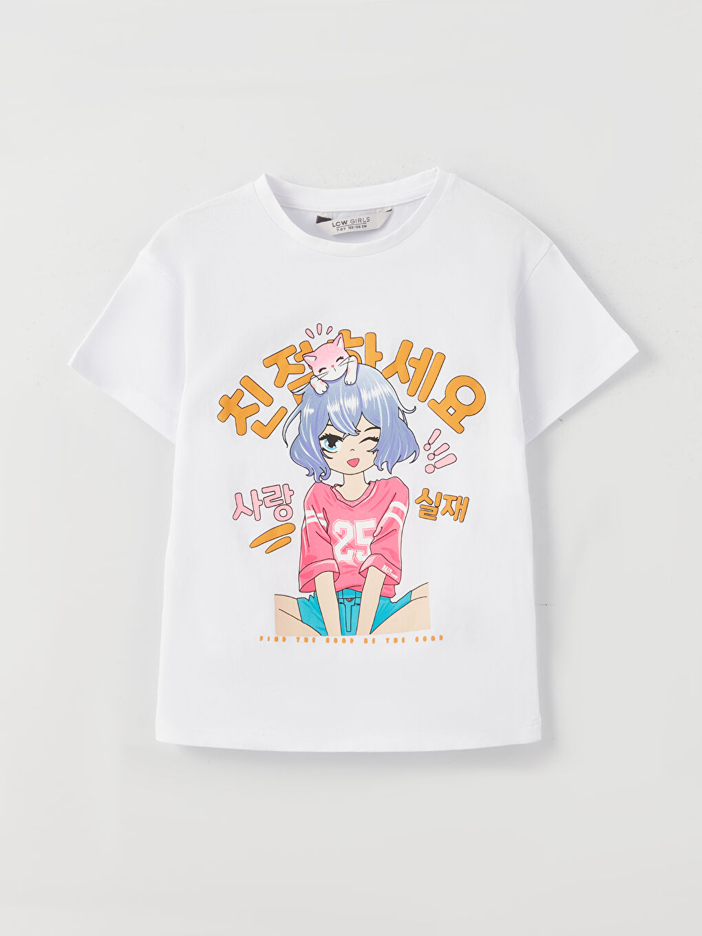 Beyaz Bisiklet Yaka Baskılı Kısa Kollu Kız Çocuk Tişört
