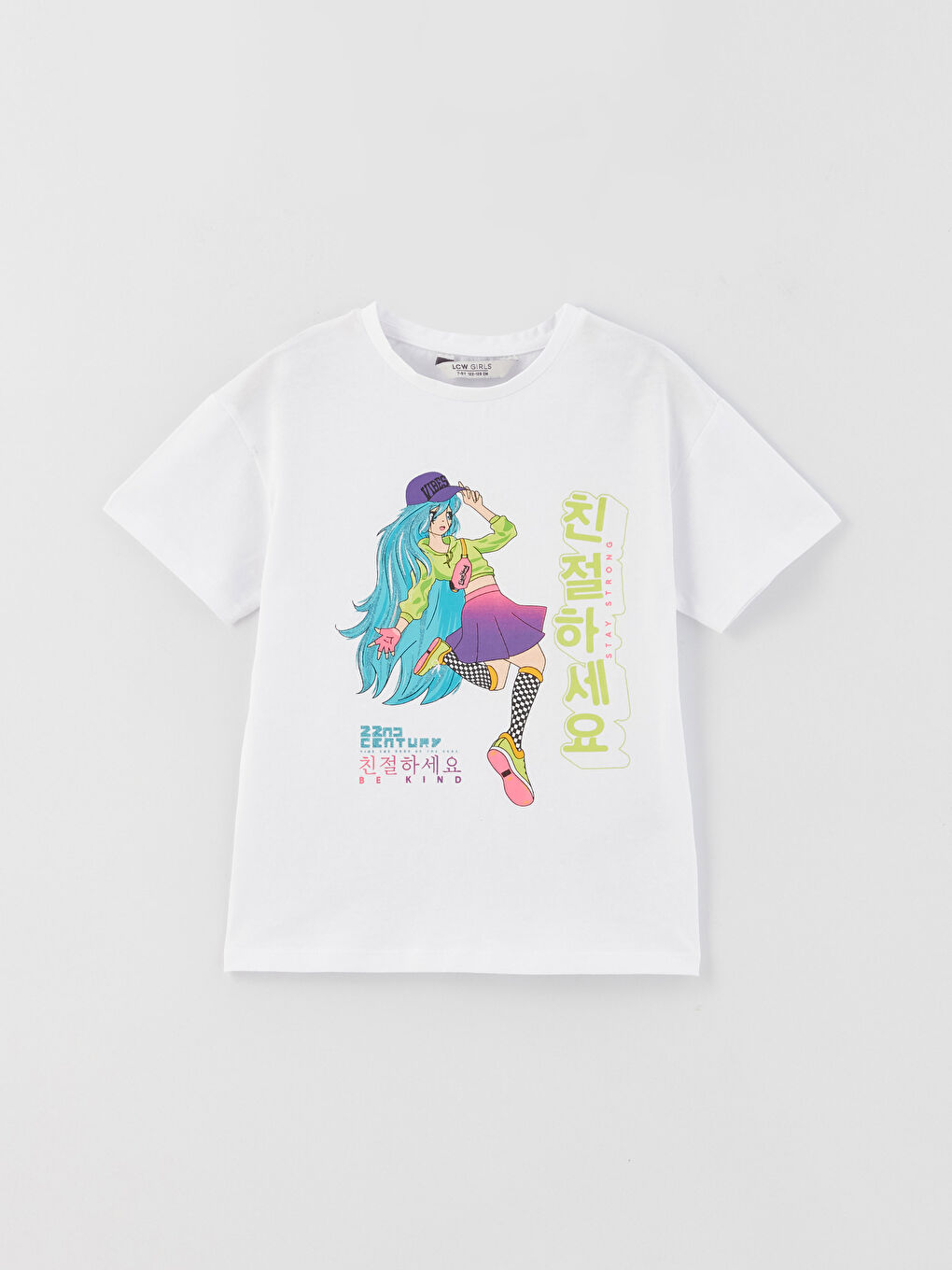 Beyaz Bisiklet Yaka Baskılı Kısa Kollu Kız Çocuk Tişört