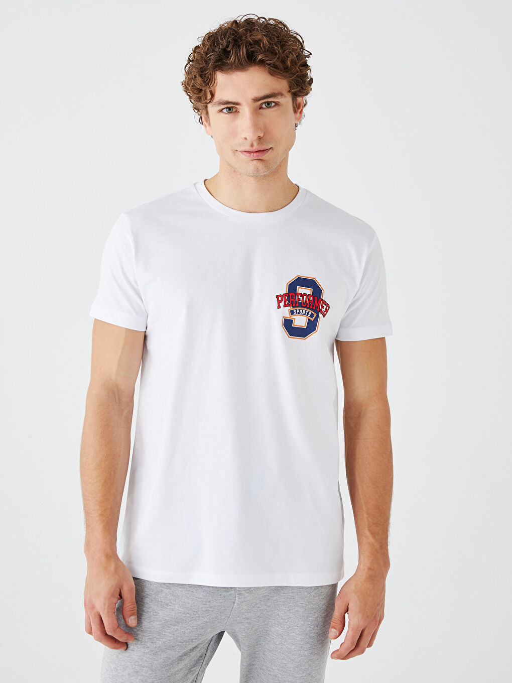 Beyaz Bisiklet Yaka Kısa Kollu Baskılı Penye Erkek Tişört-1