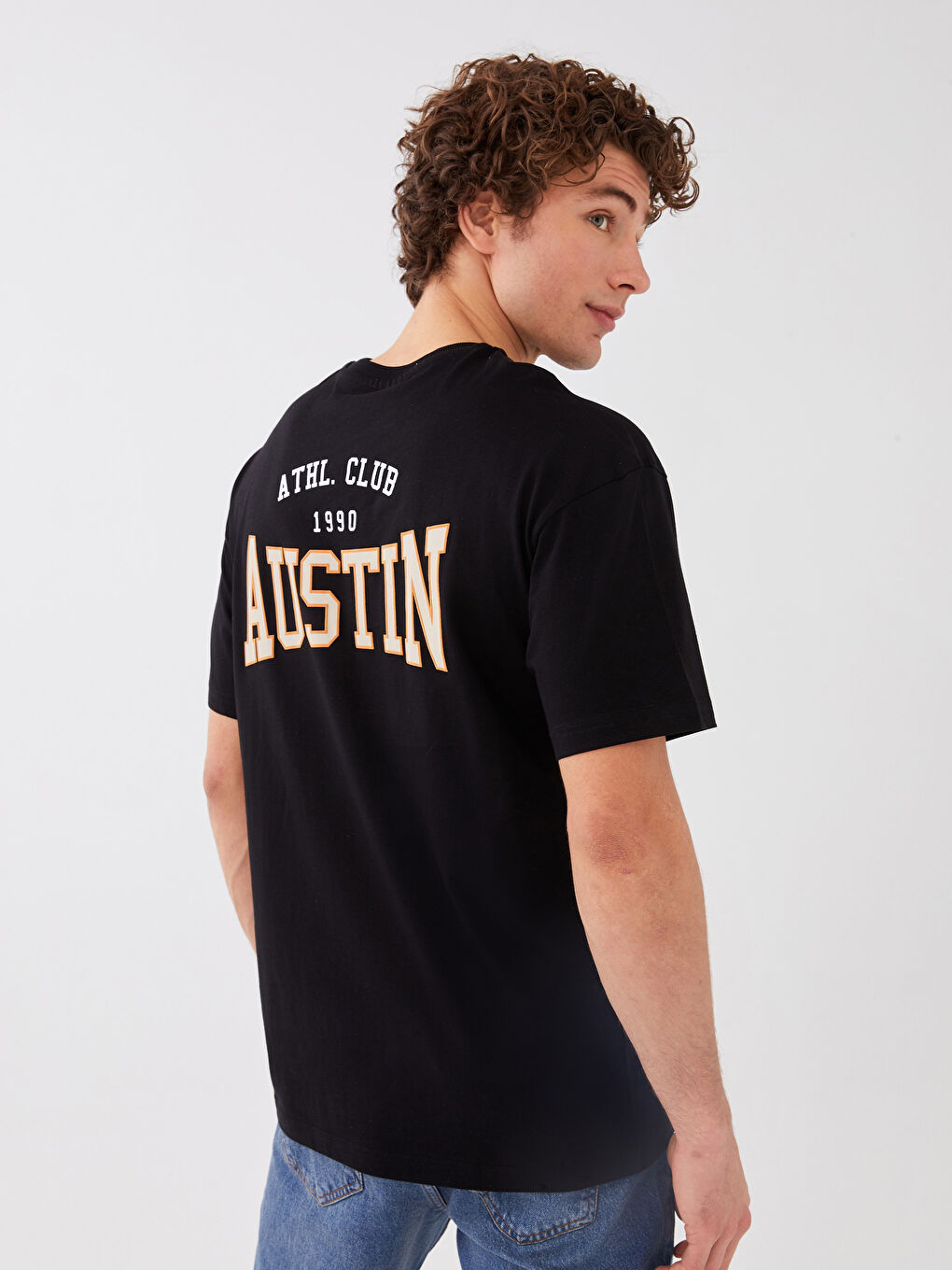 Siyah Oversize Bisiklet Yaka Kısa Kollu Baskılı Penye Erkek Tişört