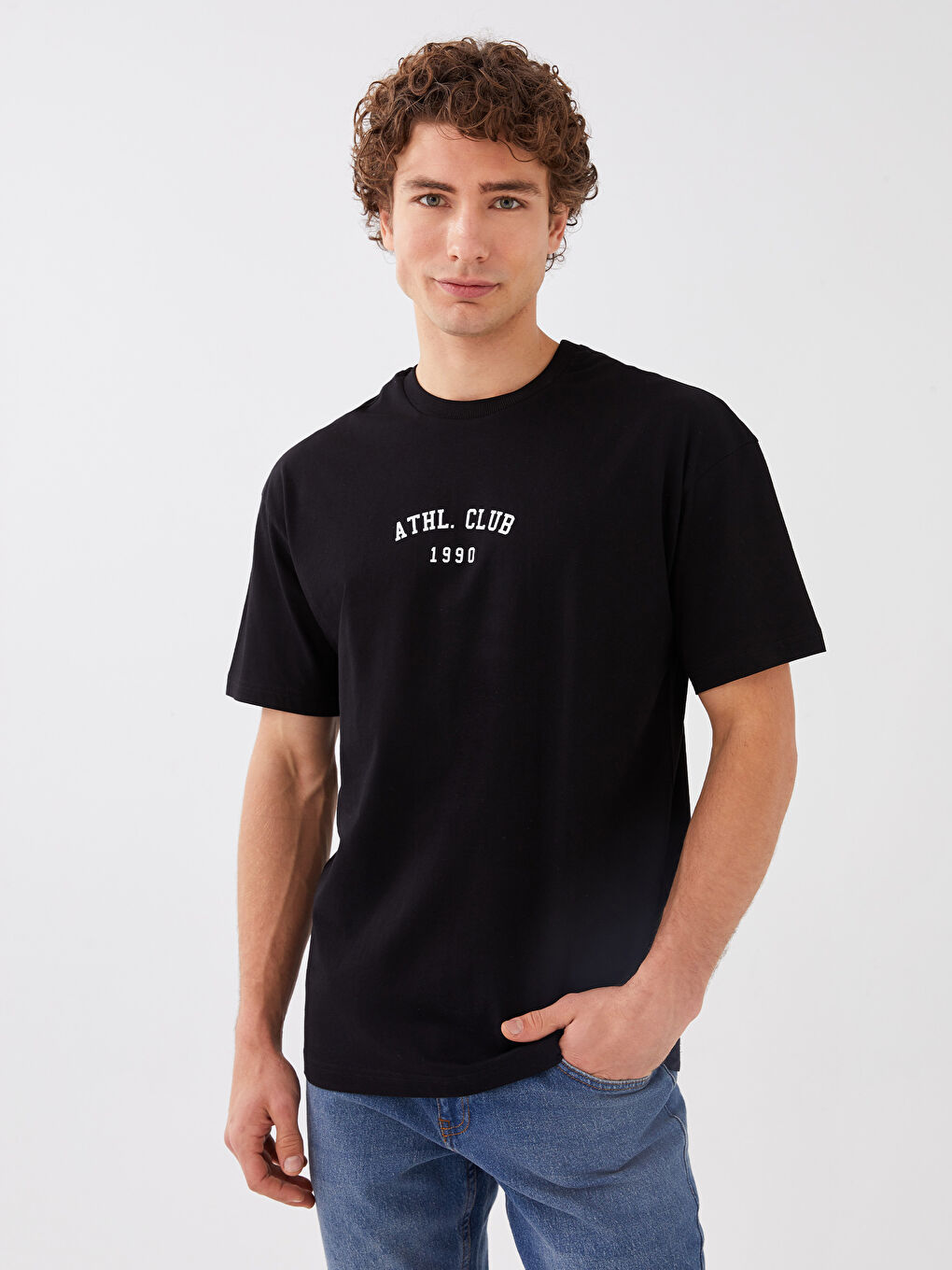 Siyah Oversize Bisiklet Yaka Kısa Kollu Baskılı Penye Erkek Tişört-1