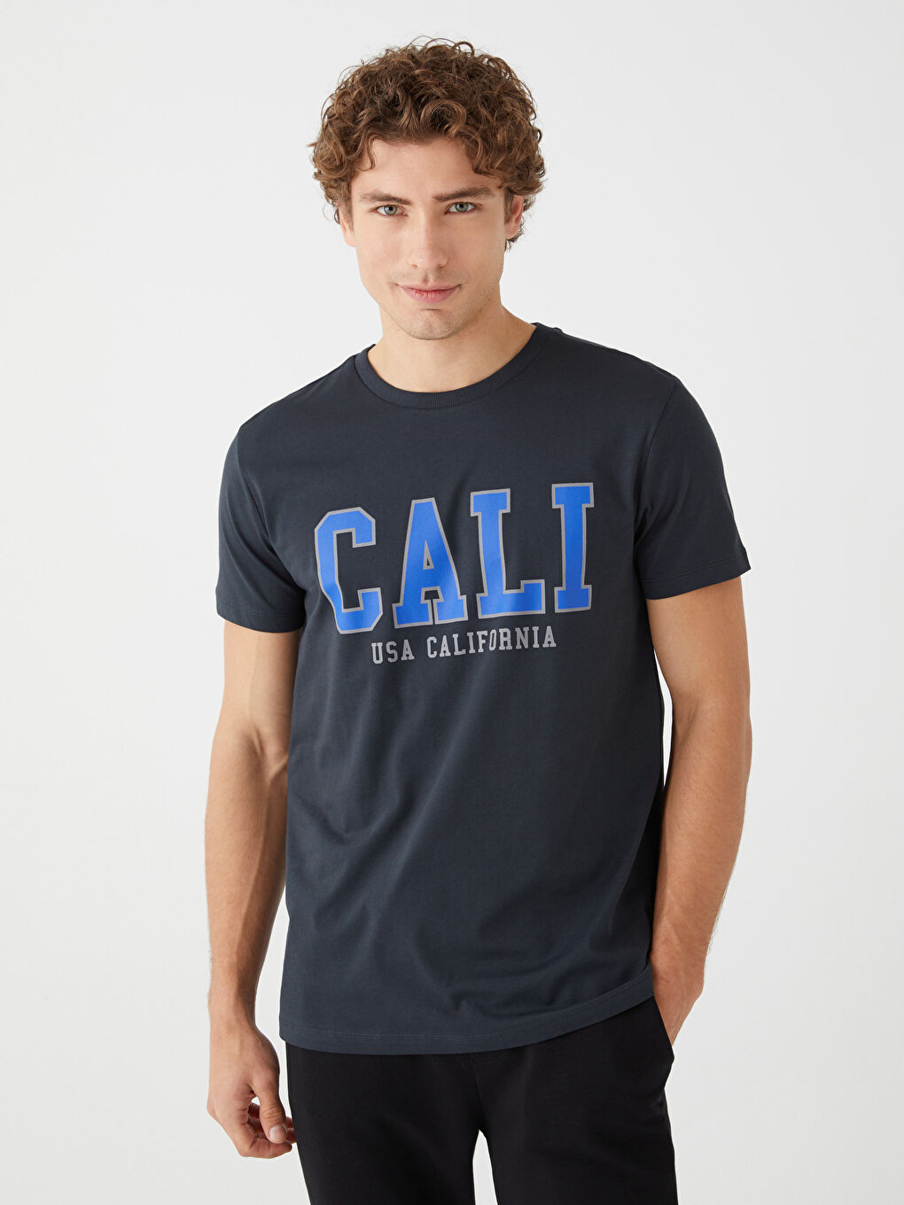 Antrasit Bisiklet Yaka Kısa Kollu Baskılı Penye Erkek Tişört