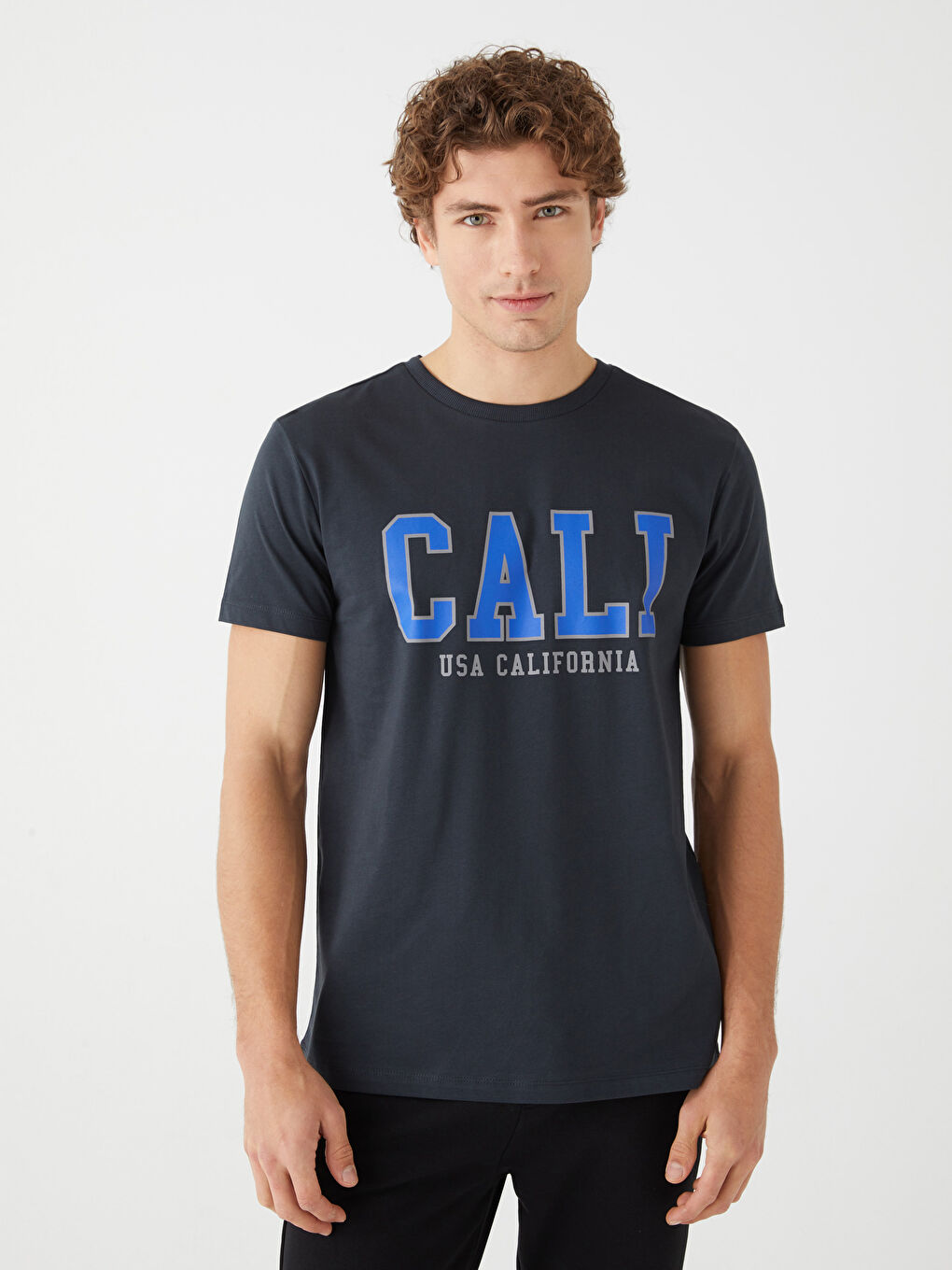 Antrasit Bisiklet Yaka Kısa Kollu Baskılı Penye Erkek Tişört-1