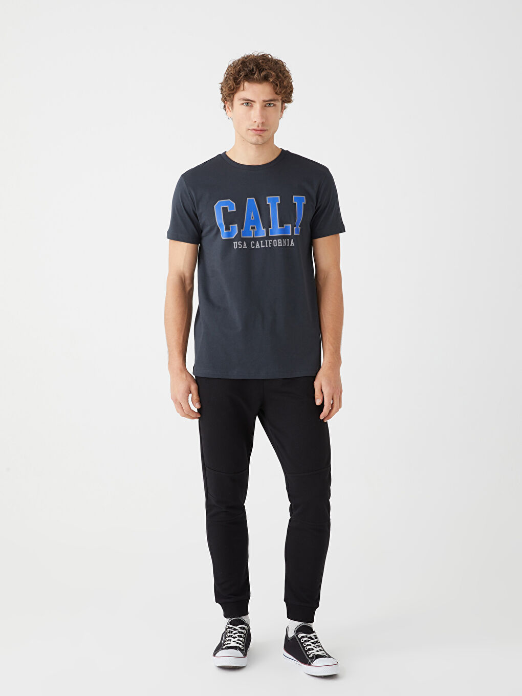 Antrasit Bisiklet Yaka Kısa Kollu Baskılı Penye Erkek Tişört-2