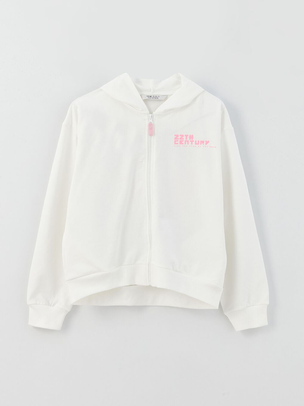 Ekru Kapüşonlu Baskılı Uzun Kollu Kız Çocuk Fermuarlı Sweatshirt