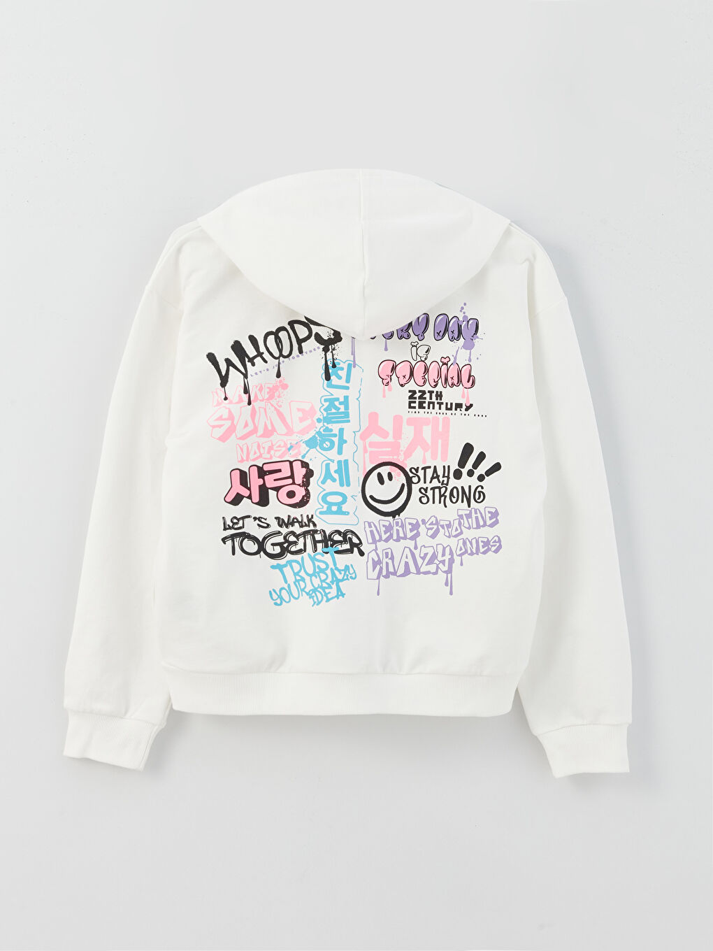 Ekru Kapüşonlu Baskılı Uzun Kollu Kız Çocuk Fermuarlı Sweatshirt-1