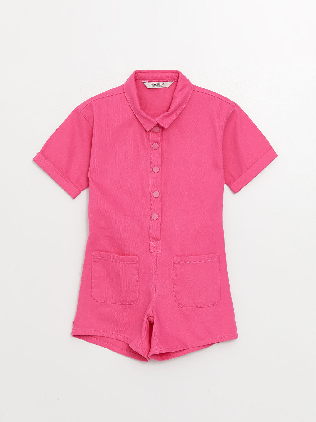 Pembe Gömlek Yaka Basic Kısa Kollu Kız Çocuk Tulum-3